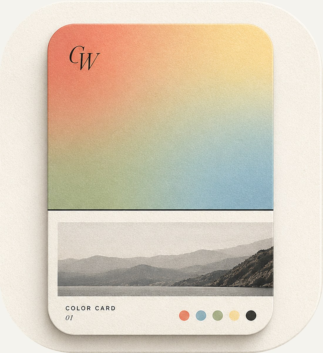 ColorWander color card — a gradient sky over a black-and-white landscape, with a five-color palette and 'Color Card 01' caption.
